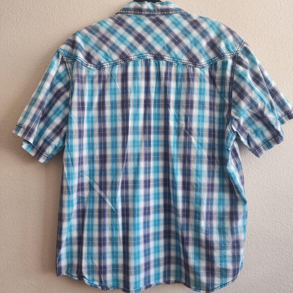 Moonshine Spirit Shirt Mens Medium Blue Plaid Short Sleeve Western Pearl Snap - Picture 9 of 11
